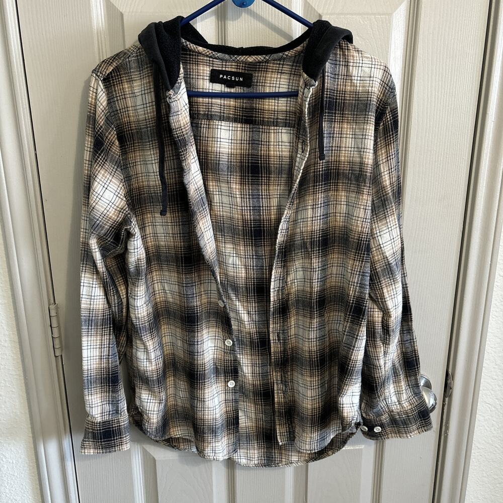 PacSun Shirt Jacket Brown Multicolor‎ Plaid Flannel Hoodie Mens Size Small